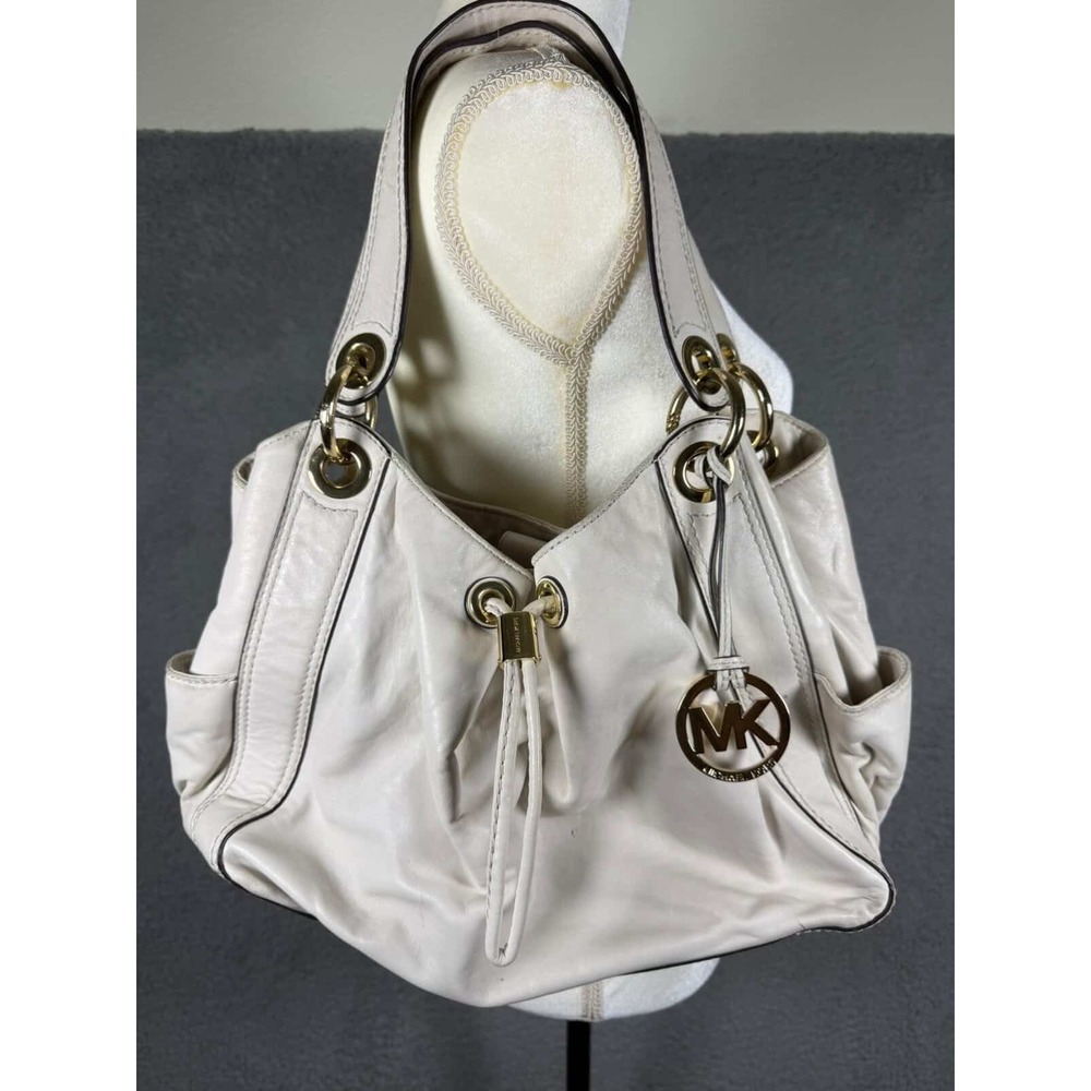 Michael Kors Off White Leather Hobo Shoulder Bag Gold Hardware MK Logo Charm